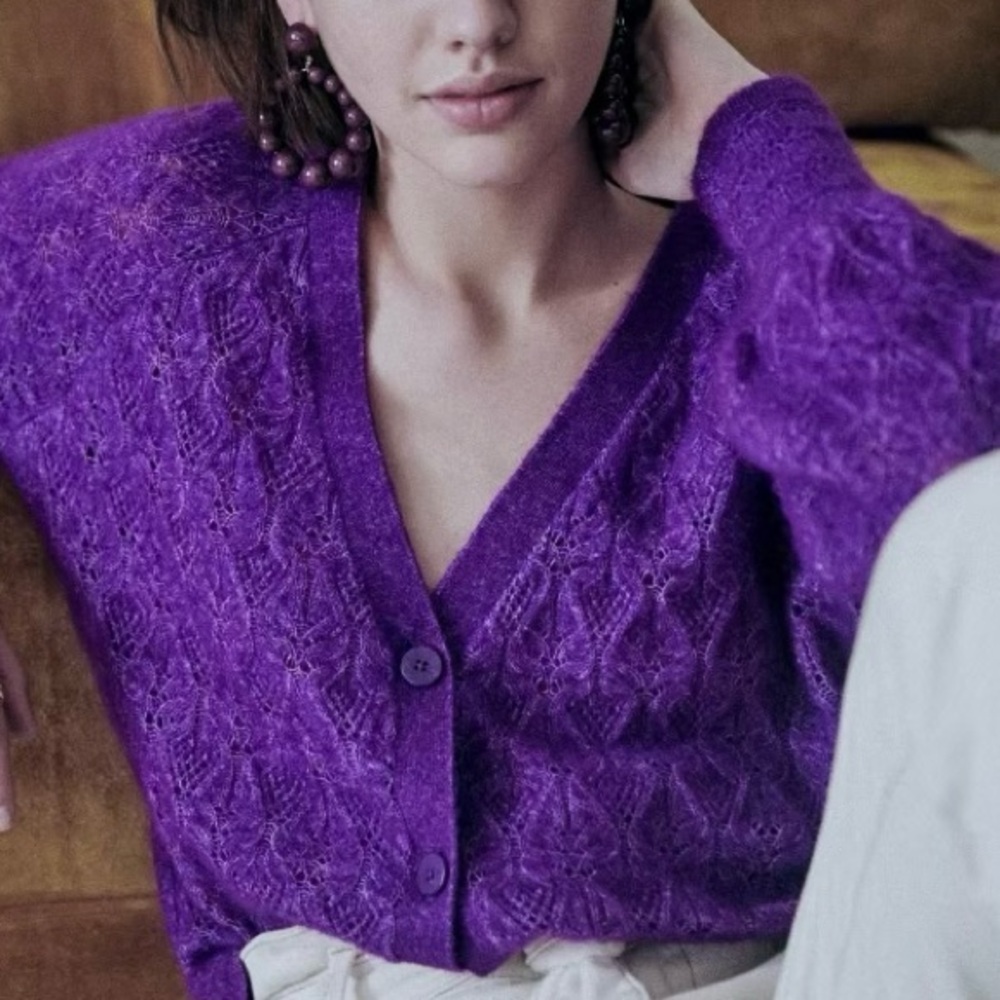 Sezane Marlow‎ Knit Sweater Purple Size XS French Wool Kid Mohair Button V-Neck